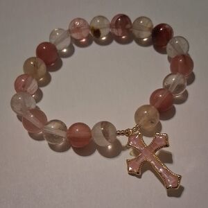 Volcano Cherry Quartz & Pink Opal Shell Cross Charm Bracelet - Women Jewelry